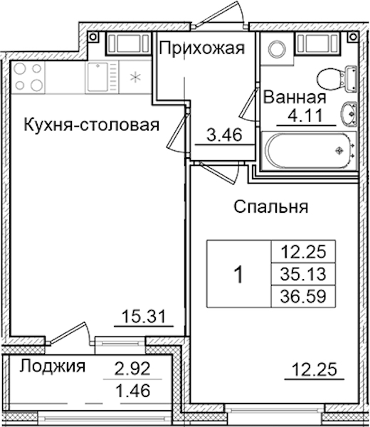 1-комнатная квартира 36.59 м², 9/9 эт., ЖК «Квартал Заречье»